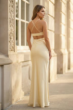Champagne Spaghetti Straps Mermaid Satin Long Formal Dress - Curvevia