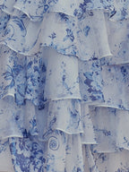 Blue A-line Sweetheart Floral Printed Chiffon Ruffles Short Wedding Guest Dress - Curvevia