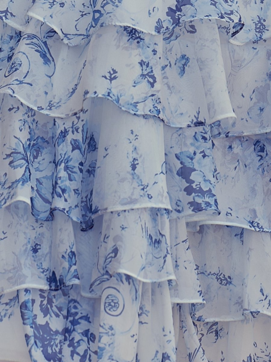 Blue A-line Sweetheart Floral Printed Chiffon Ruffles Short Wedding Guest Dress - Curvevia