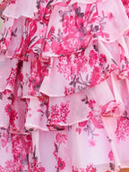 Blue A-line Sweetheart Floral Printed Chiffon Ruffles Short Wedding Guest Dress - Curvevia