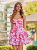 Blue A-line Sweetheart Floral Printed Chiffon Ruffles Short Wedding Guest Dress - Curvevia