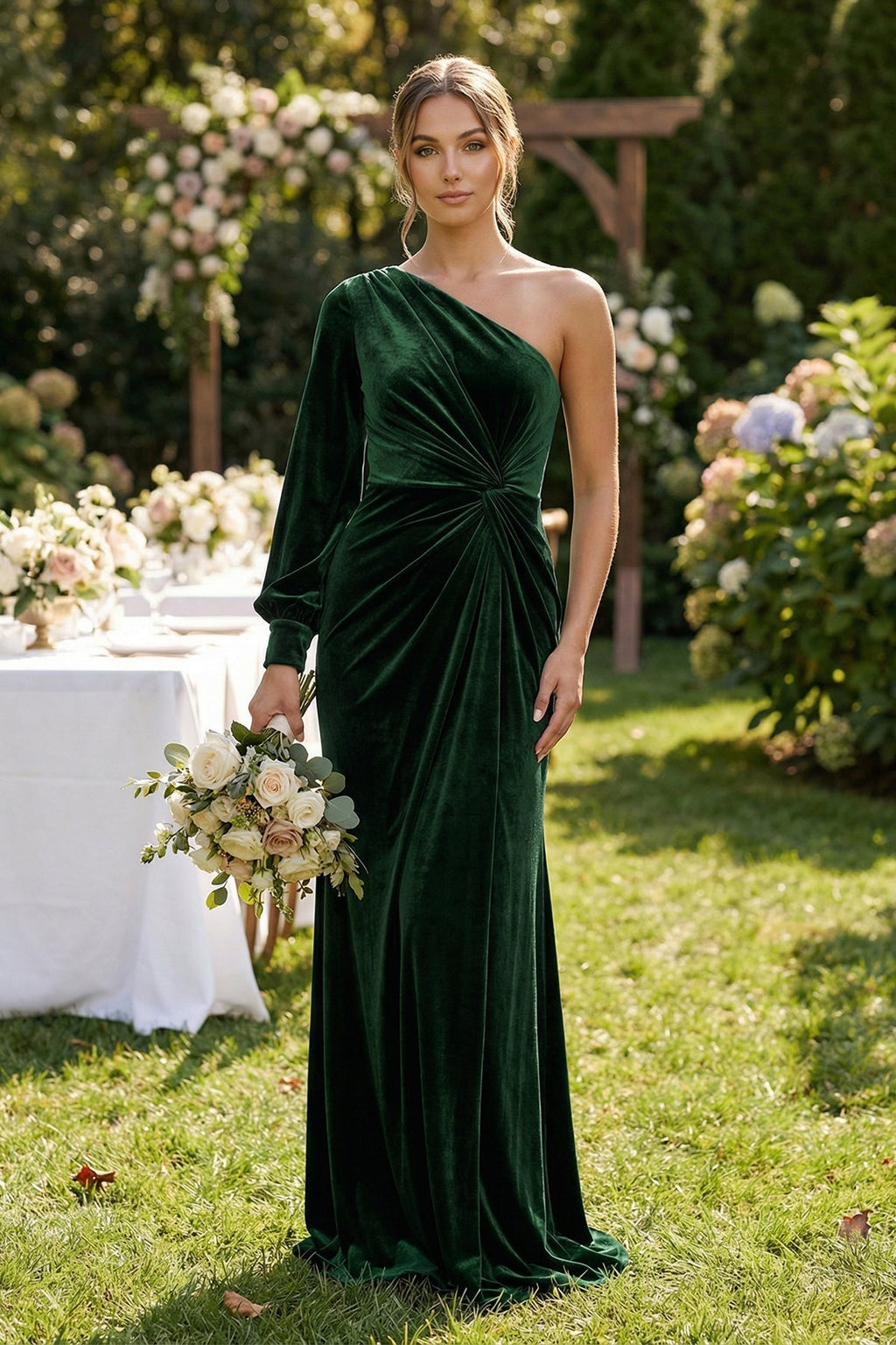 Velvet One Shoulder Sheath Long Sleeve Bridesmaid Dress in Dark Green - Curvevia