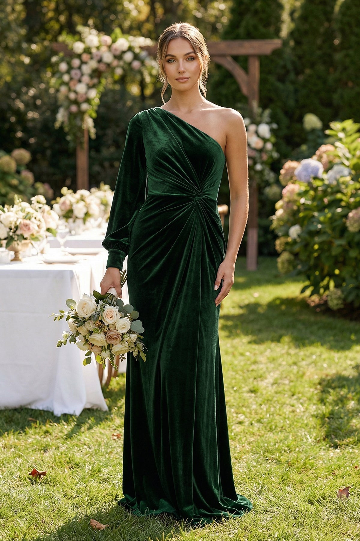 Velvet One Shoulder Sheath Long Sleeve Bridesmaid Dress in Dark Green - Curvevia
