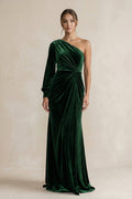 Velvet One Shoulder Sheath Long Sleeve Bridesmaid Dress in Dark Green - Curvevia