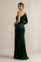 Velvet One Shoulder Sheath Long Sleeve Bridesmaid Dress in Dark Green - Curvevia