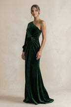 Velvet One Shoulder Sheath Long Sleeve Bridesmaid Dress in Dark Green - Curvevia