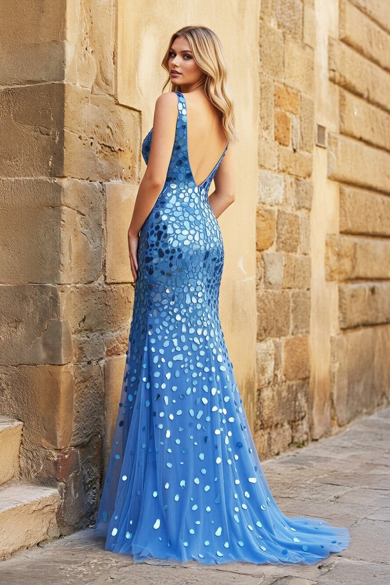 Royal Blue Mermaid V Neck Mirror-Cut Long Prom Dress With Split - Curvevia