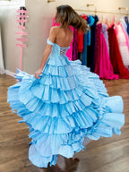 A Line Off-the-Shoulder Satin Tiered Long Evening Dress With Beads - Curvevia