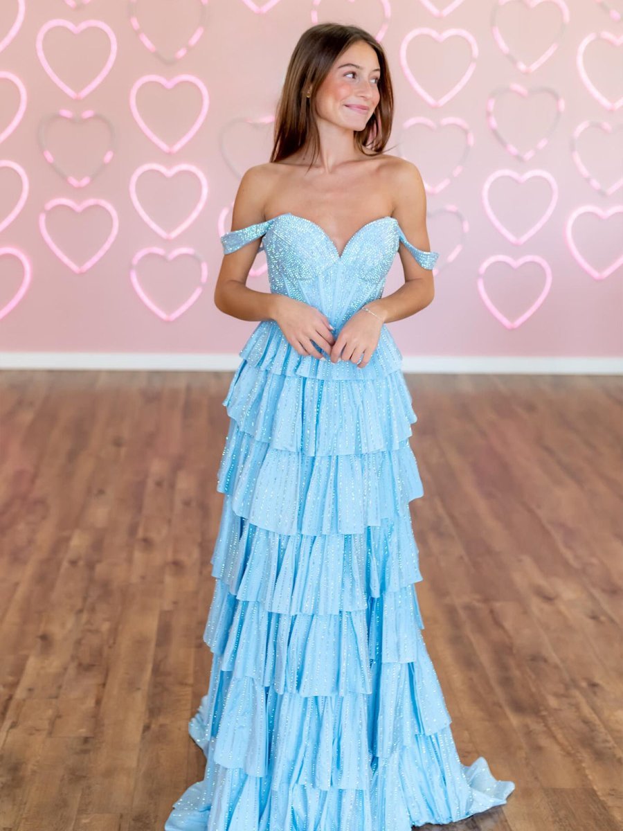 A Line Off-the-Shoulder Satin Tiered Long Evening Dress With Beads - Curvevia