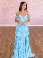 A Line Off-the-Shoulder Satin Tiered Long Evening Dress With Beads - Curvevia
