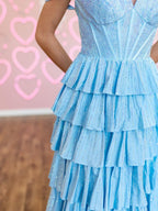 A Line Off-the-Shoulder Satin Tiered Long Evening Dress With Beads - Curvevia