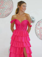 A Line Off-the-Shoulder Satin Tiered Long Evening Dress With Beads - Curvevia