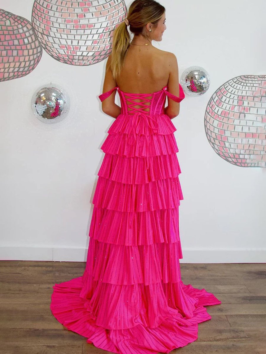 A Line Off-the-Shoulder Satin Tiered Long Evening Dress With Beads - Curvevia
