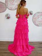 A Line Off-the-Shoulder Satin Tiered Long Evening Dress With Beads - Curvevia
