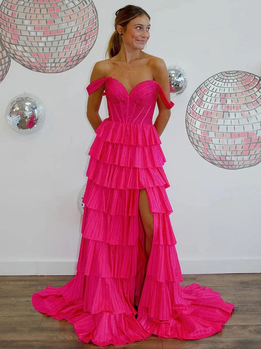 A Line Off-the-Shoulder Satin Tiered Long Evening Dress With Beads - Curvevia