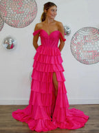 A Line Off-the-Shoulder Satin Tiered Long Evening Dress With Beads - Curvevia