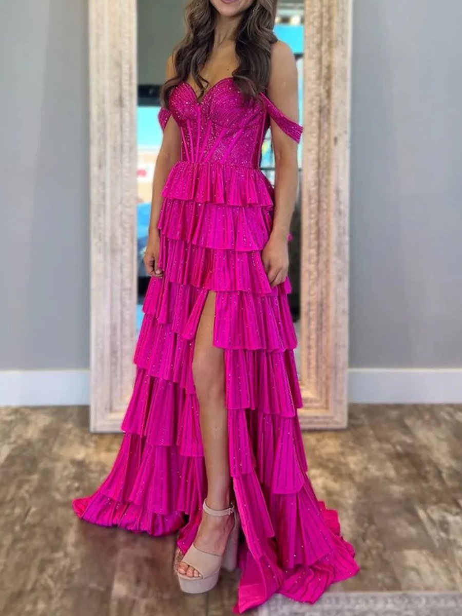 A Line Off-the-Shoulder Satin Tiered Long Evening Dress With Beads - Curvevia