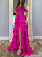 A Line Off-the-Shoulder Satin Tiered Long Evening Dress With Beads - Curvevia