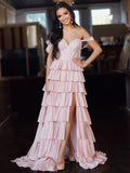 A Line Off-the-Shoulder Satin Tiered Long Evening Dress With Beads - Curvevia