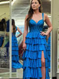 A Line Off-the-Shoulder Satin Tiered Long Evening Dress With Beads - Curvevia