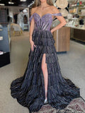 A Line Off-the-Shoulder Satin Tiered Long Evening Dress With Beads - Curvevia