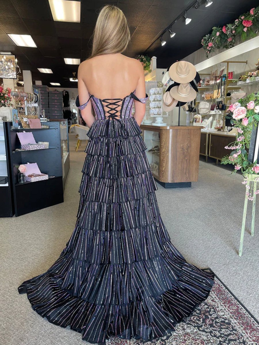 A Line Off-the-Shoulder Satin Tiered Long Evening Dress With Beads - Curvevia