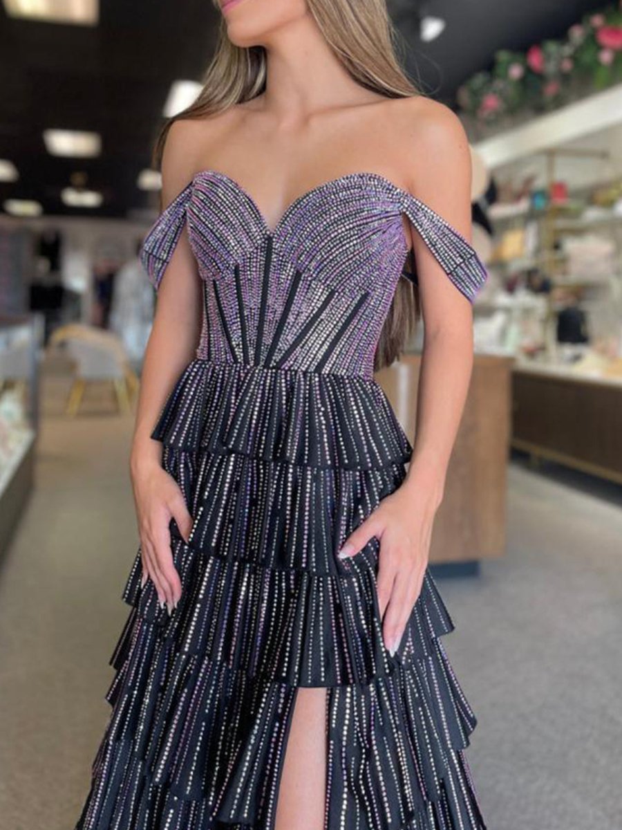 A Line Off-the-Shoulder Satin Tiered Long Evening Dress With Beads - Curvevia