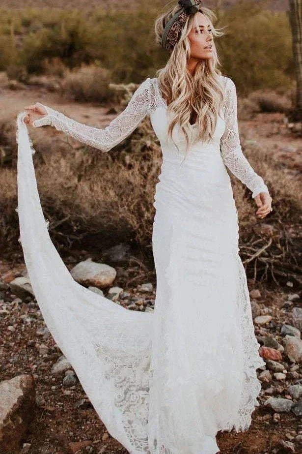 Vintage Sheath Satin V-neck Mermaid Long Sleeve Wedding Dress - Curvevia