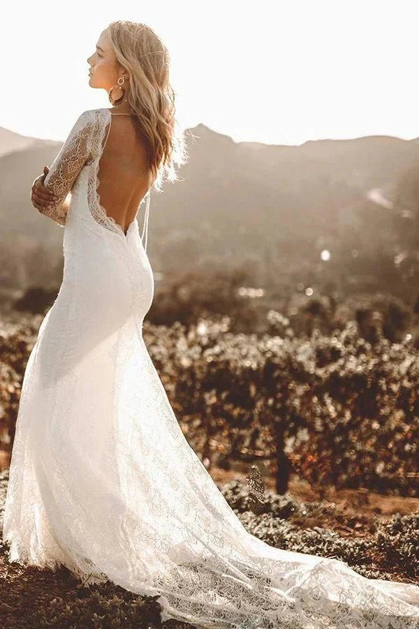 Vintage Sheath Satin V-neck Mermaid Long Sleeve Wedding Dress - Curvevia