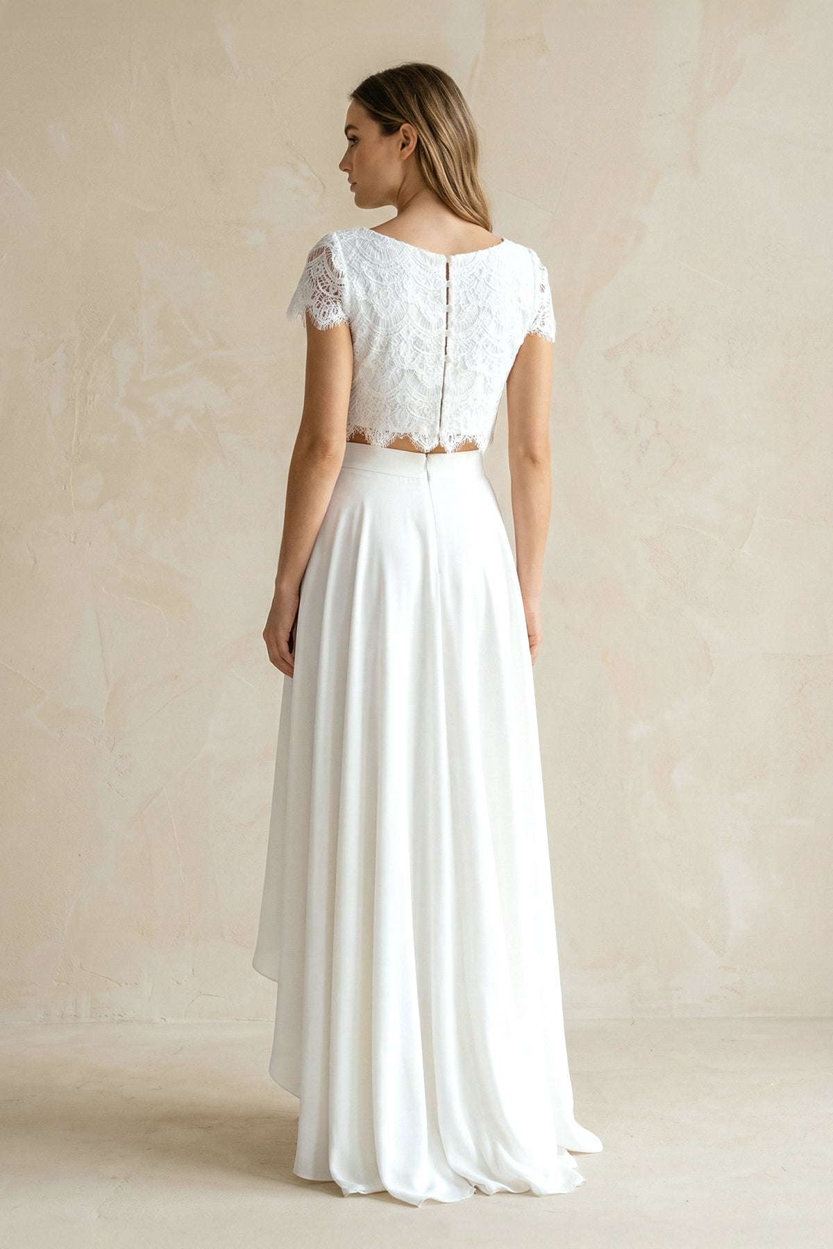 Vintage Boho Two-Piece Bateau Satin and Lace Short Sleeve Wedding Dress with Pleats and Sweep Train - Curvevia