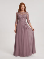 Lavender Lace A-Line Scoop Neck Illusion Floor-Length Dress with Illusion Lace Bodice - Curvevia