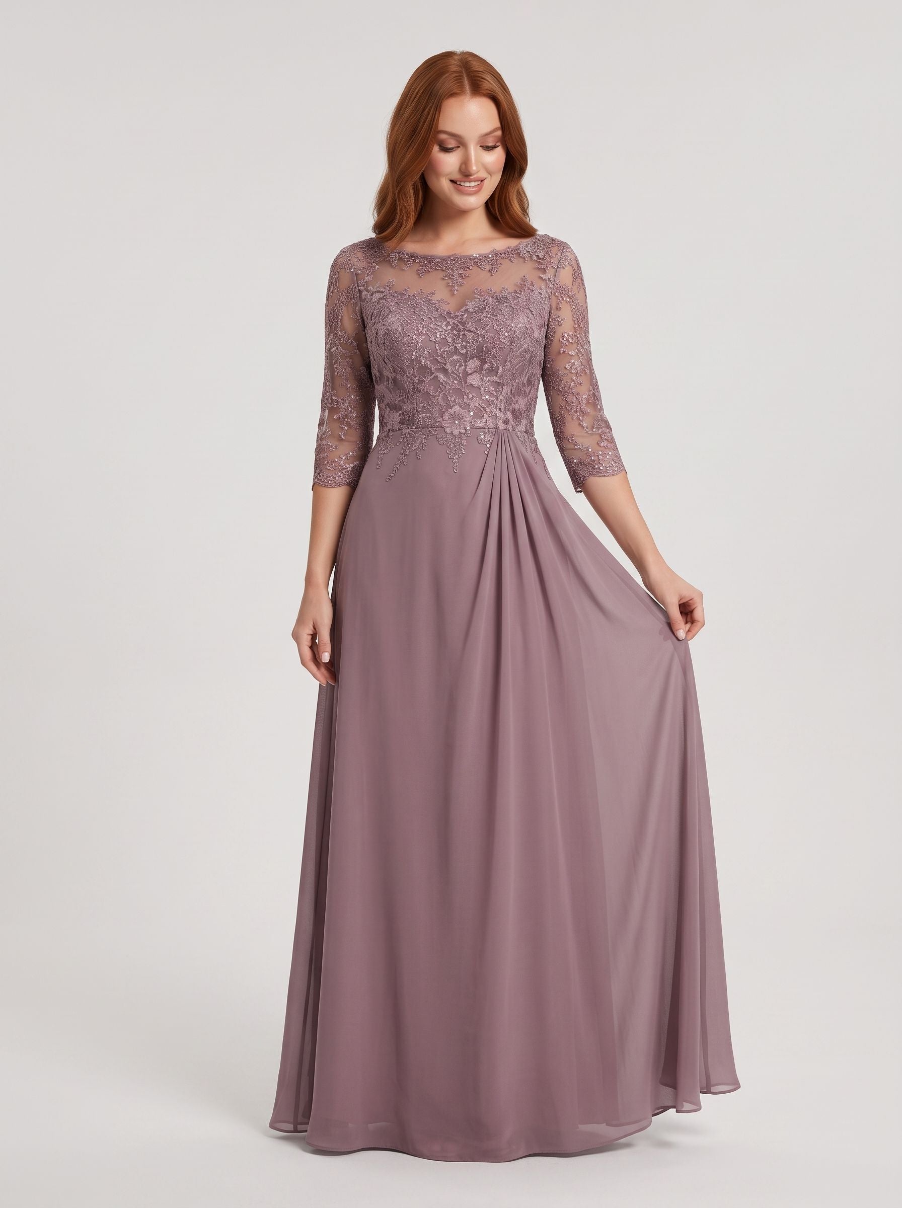 Lavender Lace A-Line Scoop Neck Illusion Floor-Length Dress with Illusion Lace Bodice - Curvevia