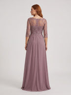 Lavender Lace A-Line Scoop Neck Illusion Floor-Length Dress with Illusion Lace Bodice - Curvevia