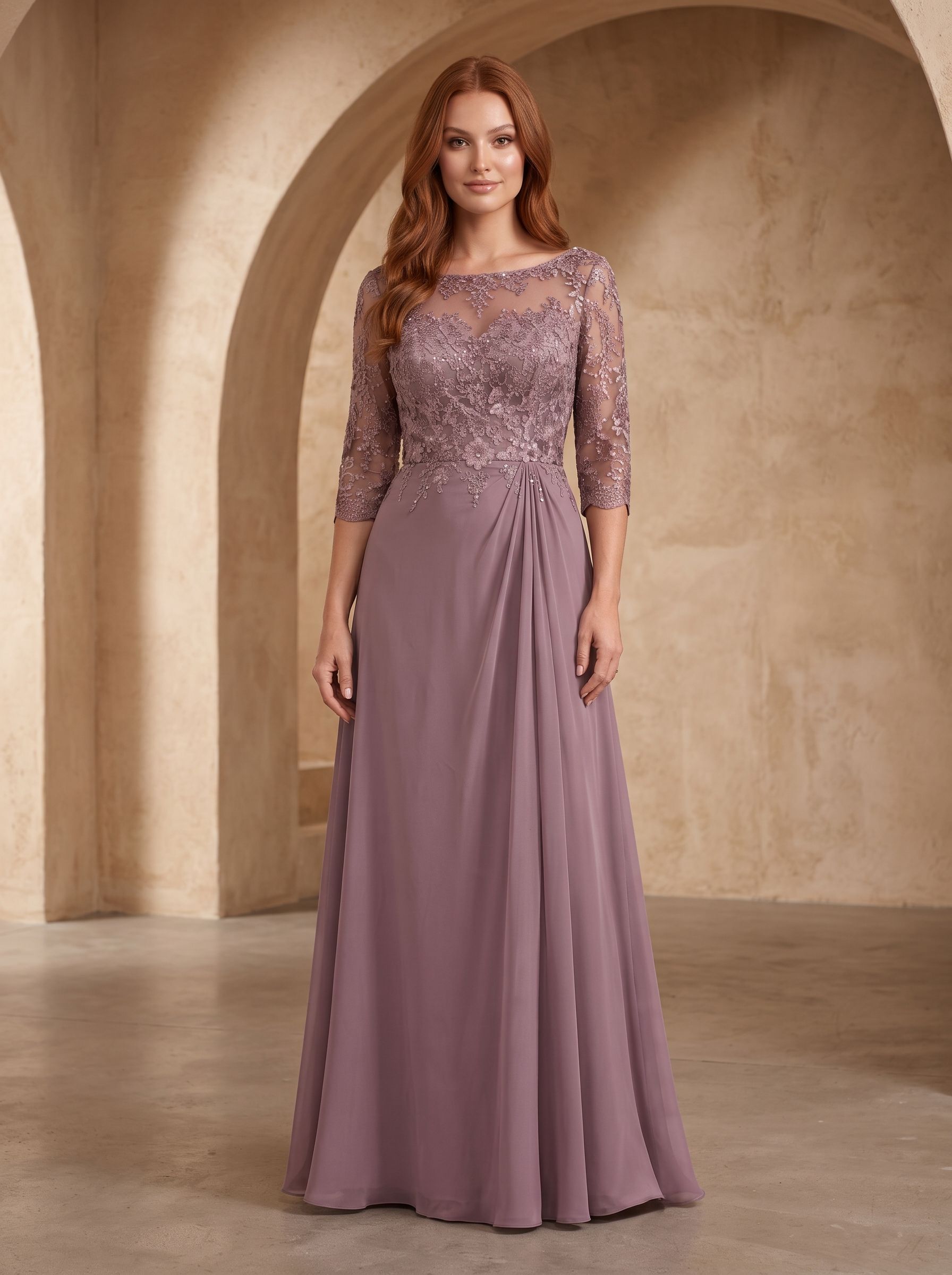 Lavender Lace A-Line Scoop Neck Illusion Floor-Length Dress with Illusion Lace Bodice - Curvevia