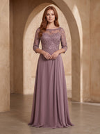 Lavender Lace A-Line Scoop Neck Illusion Floor-Length Dress with Illusion Lace Bodice - Curvevia