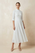 Vintage Modest Long Sleeve Wedding Dress with Pleats Simple Tea-length A-Line High Neck - Curvevia