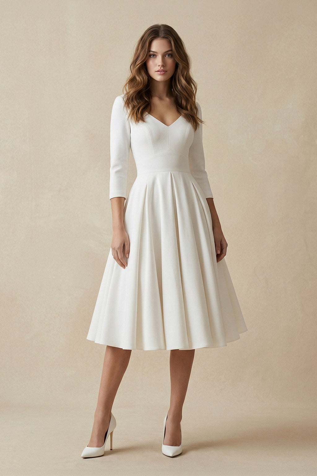 Vintage Sleeved A-Line V-neck Satin Tea Length Wedding Dress - Curvevia