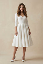 Vintage Sleeved A-Line V-neck Satin Tea Length Wedding Dress - Curvevia
