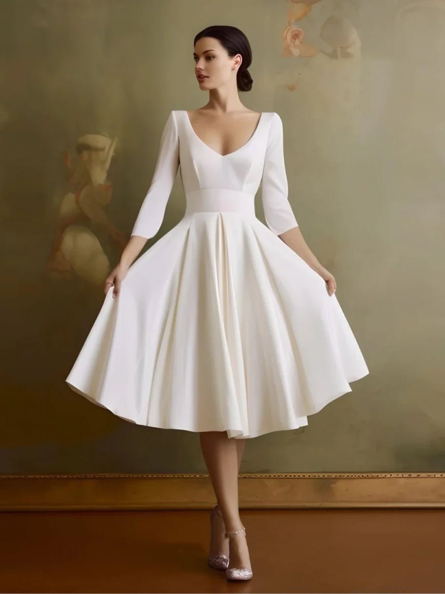Vintage Sleeved A-Line V-neck Satin Tea Length Wedding Dress - Curvevia