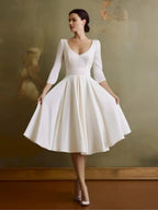 Vintage Sleeved A-Line V-neck Satin Tea Length Wedding Dress - Curvevia