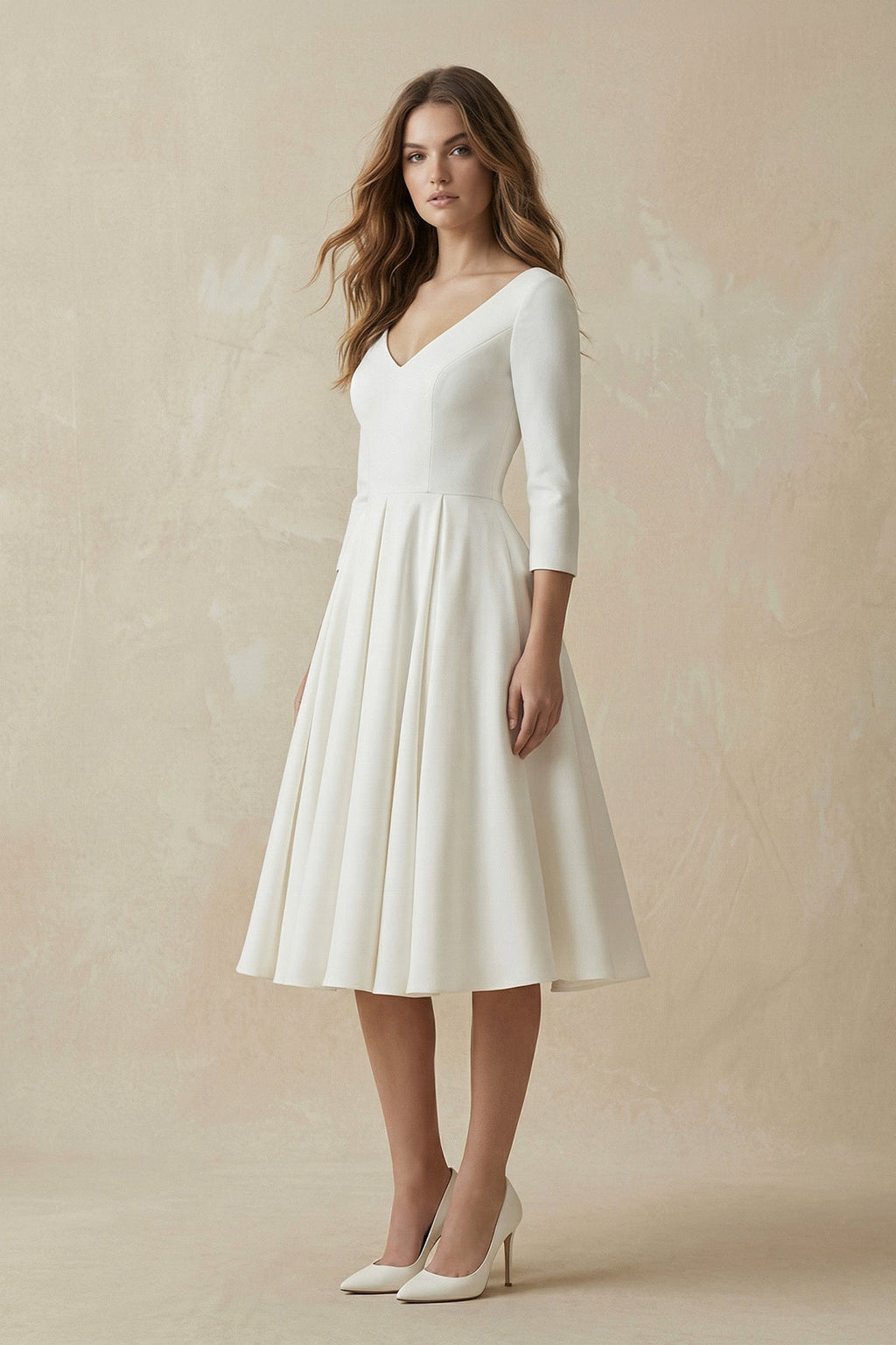 Vintage Sleeved A-Line V-neck Satin Tea Length Wedding Dress - Curvevia