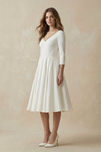 Vintage Sleeved A-Line V-neck Satin Tea Length Wedding Dress - Curvevia