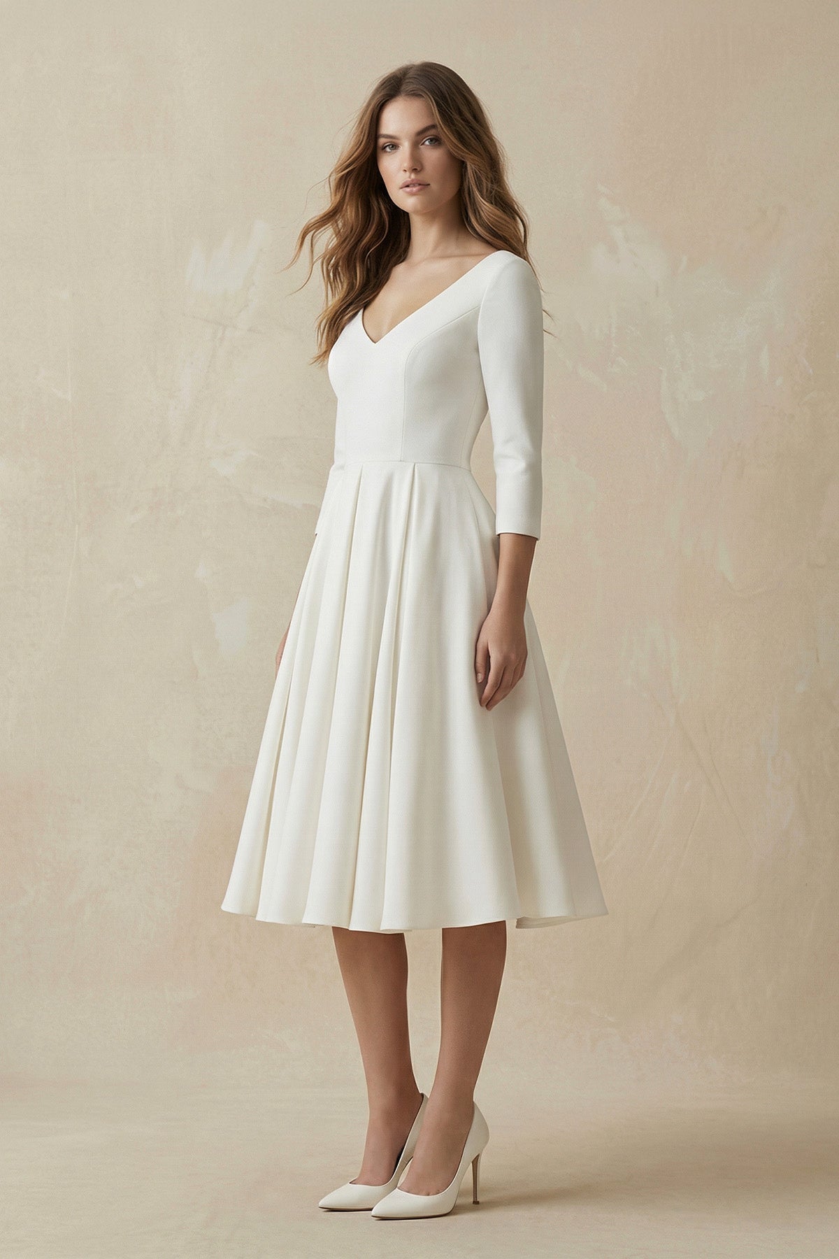 Vintage Sleeved A-Line V-neck Satin Tea Length Wedding Dress - Curvevia