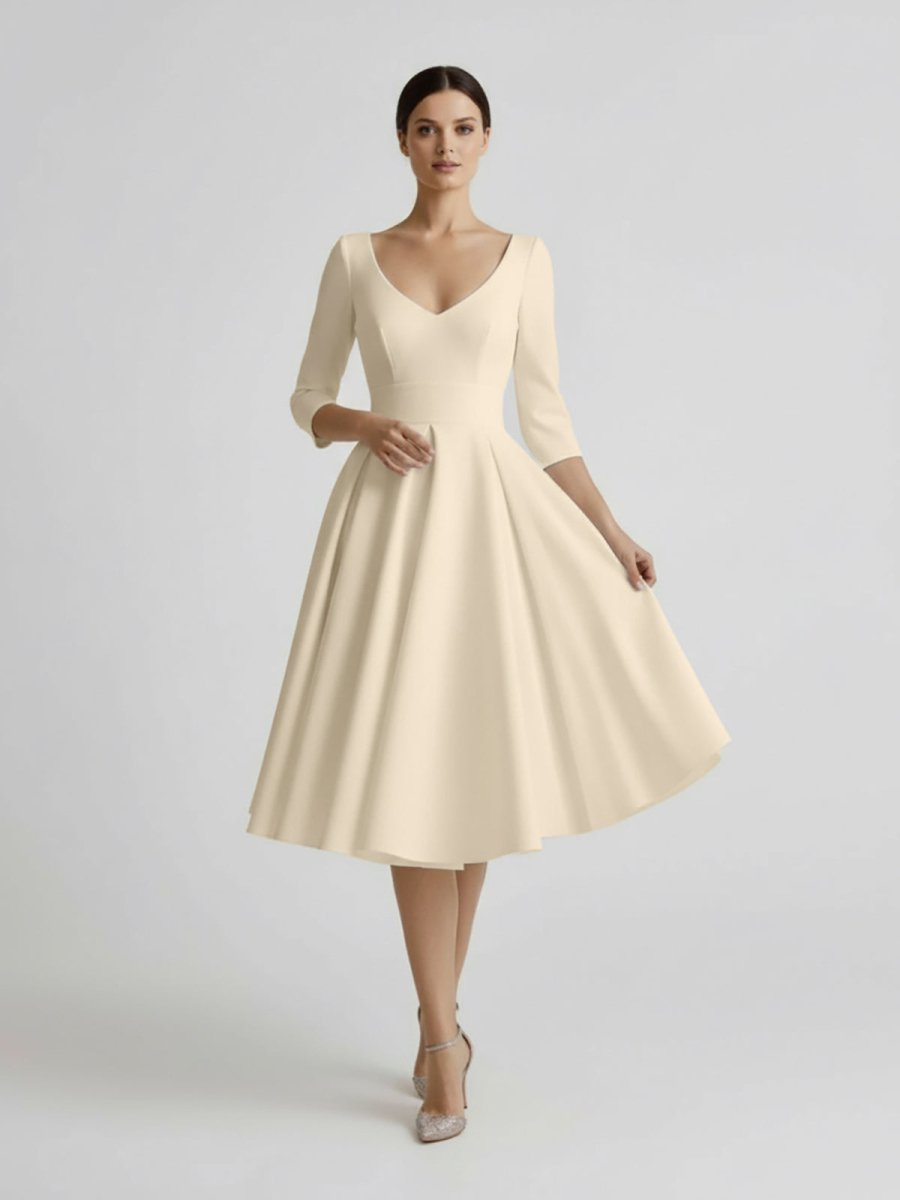 Vintage Sleeved A-Line V-neck Satin Tea Length Wedding Dress - Curvevia