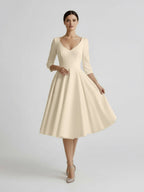 Vintage Sleeved A-Line V-neck Satin Tea Length Wedding Dress - Curvevia