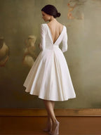 Vintage Sleeved A-Line V-neck Satin Tea Length Wedding Dress - Curvevia