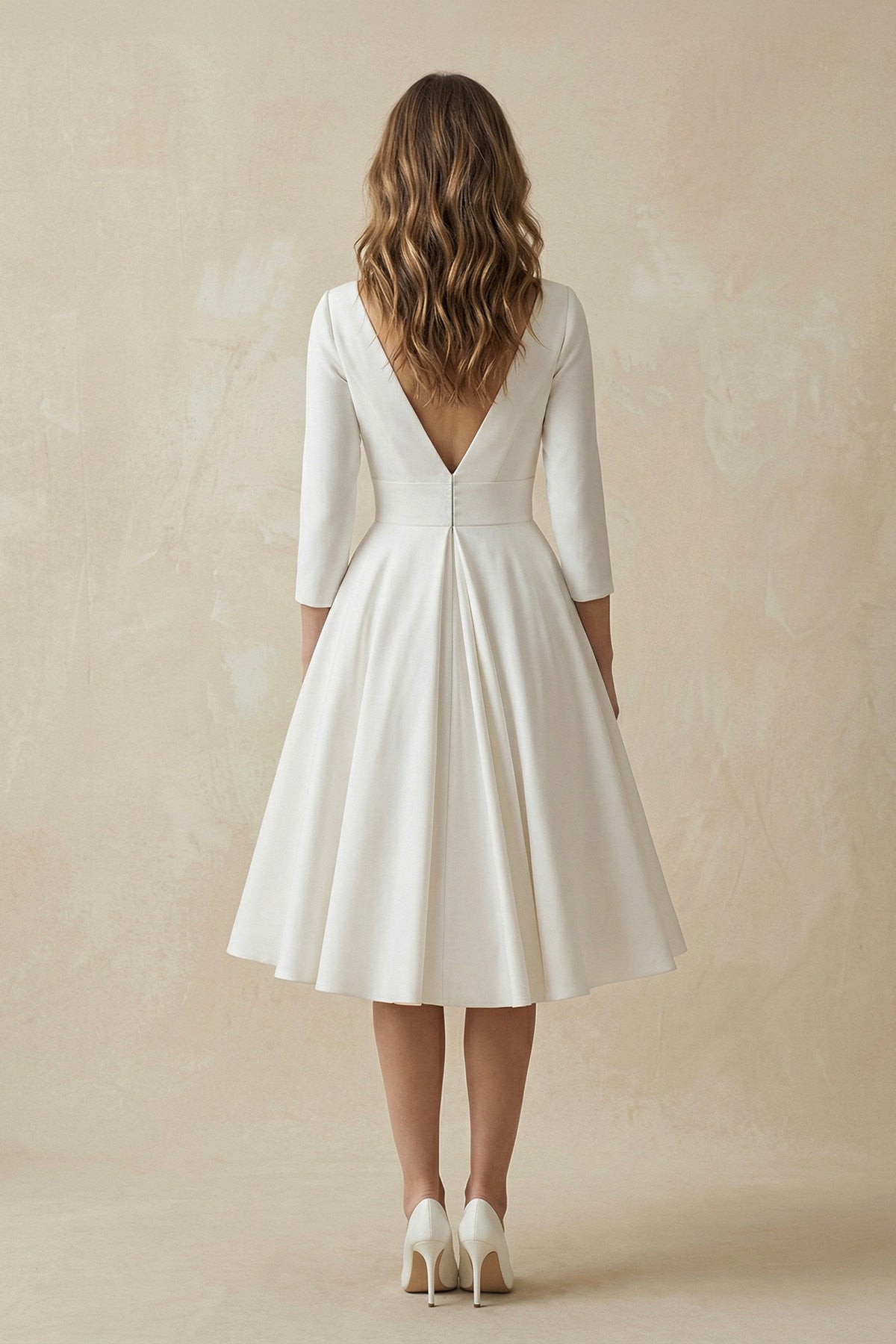 Vintage Sleeved A-Line V-neck Satin Tea Length Wedding Dress - Curvevia