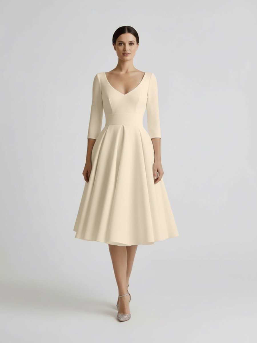 Vintage Sleeved A-Line V-neck Satin Tea Length Wedding Dress - Curvevia