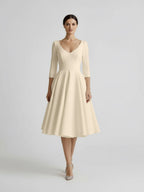 Vintage Sleeved A-Line V-neck Satin Tea Length Wedding Dress - Curvevia