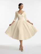 Vintage Sleeved A-Line V-neck Satin Tea Length Wedding Dress - Curvevia